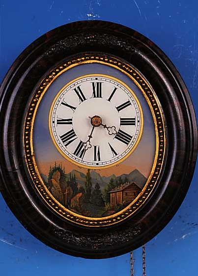 WANDUHR, SCHWARZWALD, UM 1870/80, VERZIERTEROVALER HOLZRAHMEN, GLASZIFFERBLATT MIT HINTER-GLASLITHO.: BERGLANDSCHAFT MIT SEE, KLEEBLATT-ZEIGER, ...