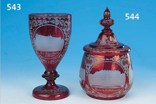 FUßGLAS, BöHMEN, UM 1900, FARBLOSES GLAS, RUBINIERT, H. 17 CM, BADEN BADEN