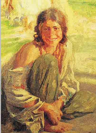 LARWIN, HANS J., 1873-1938, LACHENDES HOCKENDES MäDCHEN VOR HEUGARBE, ÖL/MALKARTON AUF HOLZ AUFGEZOGEN, LI. U. SIGN., CA. ...