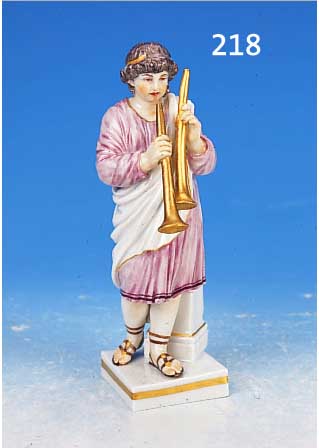 PORZELLANFIGUR, MEISSEN, UM 1850/60, BUNTE BEMALUNG, JüNGLING IN TOGA MIT INSTRUMENTEN, DIESE U. EINE HAND REST., H. CA. 15,5 CM, GOLDSTAFFAGE