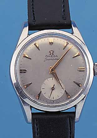 OMEGA HERRENARMBANDUHR SEAMASTER, SCHWEIZ UM1957, EDELST., BODEN U. GLASR. GEDR., VERS. BLATT L. FL., AUFGES. GOLD-STD.-ZEICHEN, GOLDZEIGER, ...