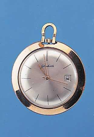 GLASHÜTTE HERRENTASCHENUHR, REF.-NR. 3954, DEUTSCHLAND UM 1964, METALL M. RG-AUFLAGE, BER., DATUM, KAL. 69,1, 17 ST., RINGUNR., STOßGES., ...