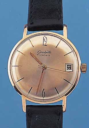 GLASHÜTTE HERRENARMBANDUHR, REF.-NR. 173824,DEUTSCHLAND UM 1964, METALL ROSE VERG., EDEL- ST.-BODEN GEDR., DATUM, 17 ST., HANDAUFZUGKAL.69,1, ...