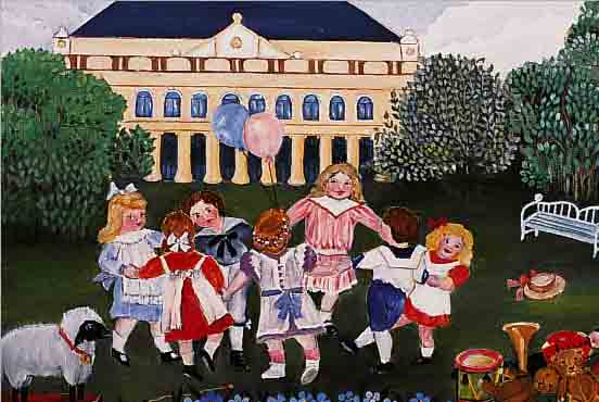 KLUTH, ERIKA, *1920 BERLIN, BEKANNTE NAIVE KüNSTLERIN, BETEILIGTE SICH AN ZAHLREICHEN AUSSTELLUNGEN, HIER: KINDERREIGEN IM SCHLOSS- PARK, ...
