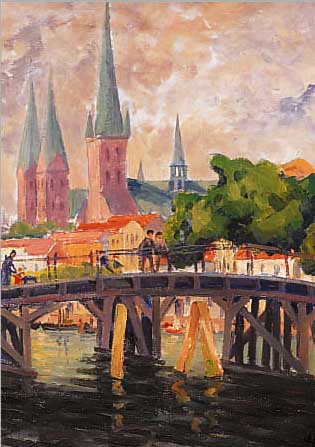 UNBEKANNTER KüNSTLER UM 1920/30, BLICK AUF DIE MARIENKIRCHE IN LüBECK, ÖL/LWD./MALKARTON,UNLESERLICH SIGN., VERSO BETITELT, 52 X 53 CM,R.