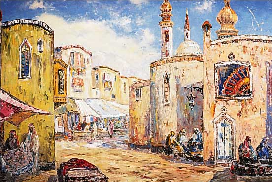 UNBEKANNTER KüNSTLER, MITTE 20. JH., ORIENTALISCHE STRASSENSZENE MIT MOSCHEE, ÖL/LWD., (MIN. FARBSCHADEN), UNLESERL. SIGN., 67 X 98 ...