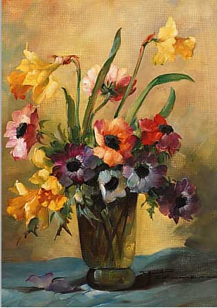 PETERMANN, HEDWIG, *1877 BERLIN, BEKANNTE STILLEBENMALERIN, HIER: OSTERBLUMEN. ÖL/MAL- KARTON, SIGN., 40 X 30 CM, R.