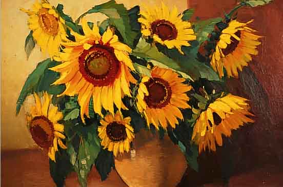 NYKERK, A. V., HOLLäNDISCHER KüNSTLER, 1. HäLFTE 20. JH., PRACHTVOLLE SONNENBLUMEN IN VASE, ÖL/LWD., SIGN., R. (DIESER BESCH.)