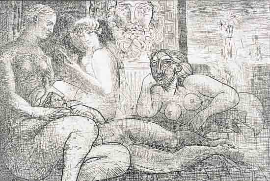 PICASSO, PABLO, 1881 - 1973, OFFSETRADIERUNG (NEUAUFLAGE), 21.5 X 30,7 CM, QUATRE FEMMES NUES ET TETE SKULPTEé NACH EINER ...