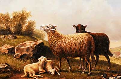 BREUER, JOSEF, DEUTSCHER TRADIONALIST DES 20. JH., SCHAFEN UND ENTE AN EINEM TEICH, ÖL/HOLZ, SIGN., 24 X 30 CM, R.