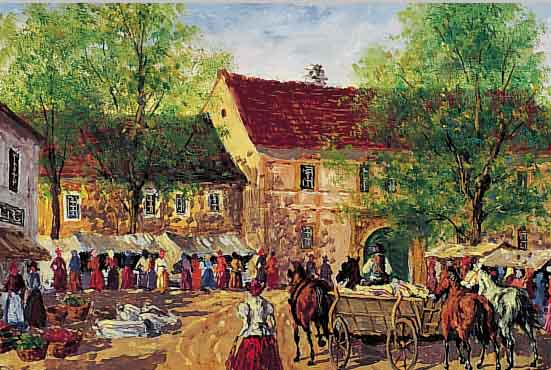 COLOMANNS, J., MARKTPLATZ MIT PFERDEFUHR- WERK U. PERSONENSTAFFAGE, ÖL/HOLZ, SIGN., 13 X 18 CM, R.