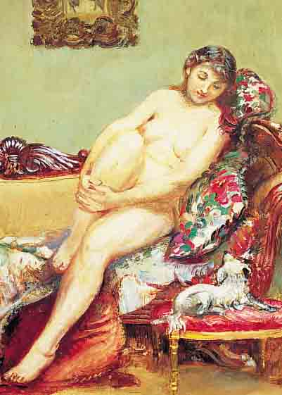 FRANZöSICHER KüNSTLER, UM 1920, NACKTE JUNGEFRAU AUF EINEM SOFA, DAVOR EIN HüNDCHEN, ÖL/HOLZ, UNSIGN., VERSO SCHWER LESBAR BEZ., 38 X 26 ...