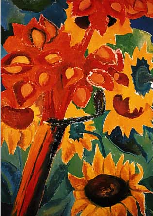 GüNTHER, HEIKE, *1964 BAMBERG, STUDIERTE AN DER NüRNBERGER AKADEMIE, HIER: SONNENBLUMEN, ÖL/LWD., UNSIGN., 77 X 45 CM, R.