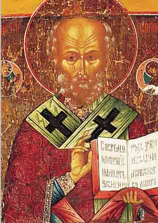 IKONE, RUßLAND, 19. JH., QUALITäTVOLLE DARSTELLUNG DES SEGNENDEN NIKOLAUS, DAZU ZWEI EINGEFüGTE HEILIGENBILDER, AM RAND FARB- SCHäDEN, ...