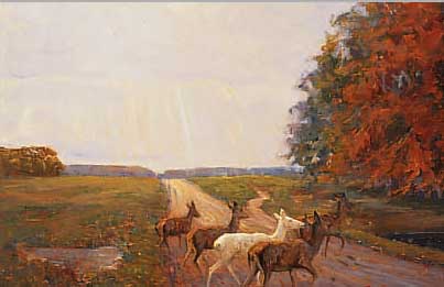 KJAER, HARALD, *1876 HOJRIS - 1948 GENT, LANDSCHAFTS-UND TIERMALER, HIER: REHE AUF EINEM WEG AM WALDRAND, ÖL/LWD., SIGN., 42 X 54CM, R.
