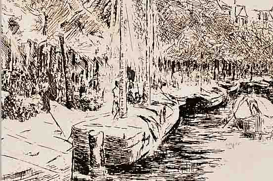 LIEBERMANN, MAX, 1847 - 1935, HELIOGRAVURE AUS DER ZEITSCHRIFT FüR BILDENDE KUNST 1907, HIER: BOOTSANLEGESTELLE, PLATTENGRöSSE 13 X 20,5 CM