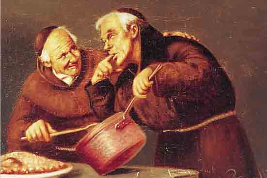 PETROCELLI, VINCENZO, *1823 - 1896, ITALIENISCHER GENREMALER, HIER: ZWEI MöNCHE BEIM ABSCHMECKEN DER BRATENSOSSE, ÖL/LWD. (MIN. ...