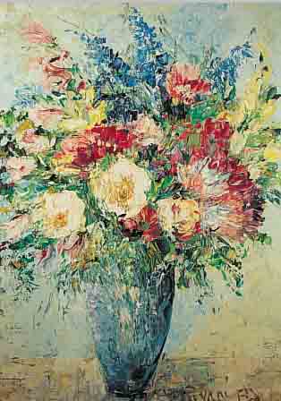 PRESCHER VAN ED, WALTER, GEB. 1916 DRESDEN , ÖL/LWD, CA. 70 X 60 CM, R., WIESENBLUMENSTRAIß IN BLAUER VASE, RE. U. SIGNIERT