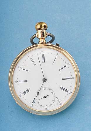 HERRENTASCHENUHR, REF.-NR. 252961, SCHWEIZ UM 1890, ROSE-G. 585/000, BODEN SYM. GUILL./ BER., RAND DELLIG, EMAILBL. REP. BEI 1, ZEI- GER TEILW. ...