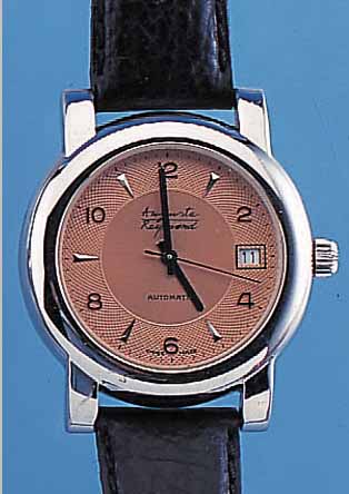 AUGUSTE RAYMOND HERRENARMBANDUHR AUTOMATIK, REF.-NR. 49093, SCHWEIZ UM 1992, METALL HART- VERCHR., BEIDS. MINERALFLACHVERGL., KUPFER- FARB. BLATT, ...