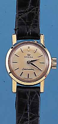 OMEGA DAMENARMBANDUHR SEAMASTER, REF.-NR. 2908-61, SCHWEIZ UM 1963, GG 750/000, BODEN GESCHR., KRONE NEUTR., BEI FERTIGST. WASSER- D., VERS. ...