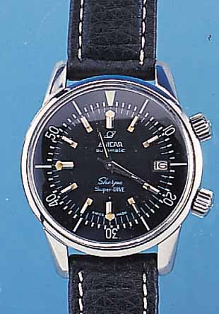 ENICAR TAUCHERARMBANDUHR SHERPA SUPERDIVE, REF.-NR. 2342, SCHWEIZ UM 1966, EDELST., BODENM. BAJONETTEVERSCHL., ZIFFERBL.-AUßENKRANZ M. 60ER ...