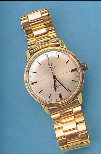 OMEGA HERRENARMBANDUHR SEAMASTER, REF.-NR. 165-002, SCHWEIZ UM 1968, METALL GELBVERG., BODEN GESCHR., HIER WIDMUNGSGRAV. 1968, VERS. BLATT, WERK ...