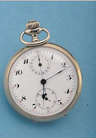 MONTRILLANT TASCHENCHRONOGRAPH, REF.-NR. 200662, SCHWEIZ UM 1935, NICKEL, KAL. 28A, EMAILBL. FEIN HAARR., 30-MIN.-STOPPZäHLER, GEBL. ...