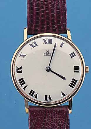 EBEL HERRENARMBANDUHR, REF.-NR. 215/797028, SCHWEIZ UM 1968, METALL HARTVERG., EDELST.- BODEN U. GLASR. GEDR., FLACHE, ELEGANTE AUSF.,LEDERB. NEU, ...