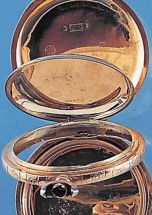 GEHäUSE FüR SAVONETTEHERRENTASCHENUHR, GG 585/000, GRAVIERT UND ZISELIERT, ERINNERUNGS- GRAVUR ZUR SILBERNEN HOCHZEIT AUF INNENDECKEL, ...