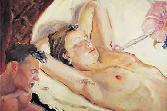 UNBEK. KüNSTLER 2. HäLFTE 20. JH., JUNGER LIEBHABER BETRACHTET NACKTE SCHLAFENDE, ÖL/LWD., UNSIGN., 75 X 80 CM