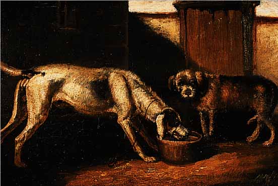 UNBEK. KüNSTLER D. 19. JH., ZWEI HOFHUNDE AM FRESSNAPF, ÖL/LWD. (DOUBL. REST.), UNSIGN.,26,5 X 44 CM, R.
