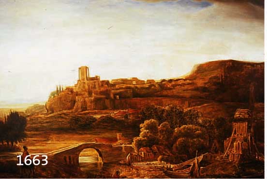 UNBEUNBEK. KÜNSTLER D. 19. JH., NACH ÄLTEREM VORBILD, HIER: ROMANTISCHE LANDSCHAFT MIT FLUSSBRÜCKE UND STADTANSICHT, ÖL/LWD., UNSIGN., 67 X ...