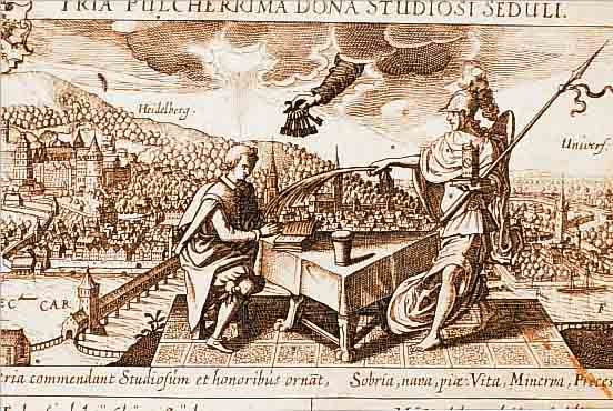 KONVOLUT 4 BLATT HEIDELBERG, 1.) KUPFERSTICH AUS MEISSNER SCHATZKäSTLEIN AUFGEZOGEN, RE. OBEN KLEINER RESTAUR. SCHADEN AUßERHALB ...