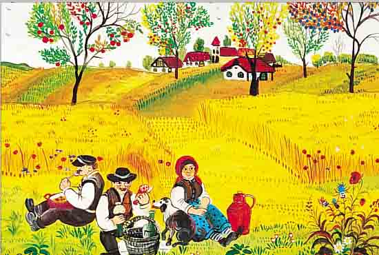 SIMON, EDITH,. GEB. 1942 DREBECEN/UNGARN, LEBT SEIT 1970 IN ÖSTERREICH, LANDSCHAFT MIT RASTENDEN BAUERN, NAIVE MALEREI AUF HART- FASER, LI. ...
