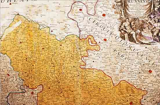 2 ALTKOLOR. KUPFERSTICH, K. V. I. C. MüLLER BEI HOMANN, CA. 1740, MIT 1 GR. KARTUSCHE RE. O. SOWIE MIT PRIVELEG MARCHIONATUS MARAVIAE CIRCULUS ...