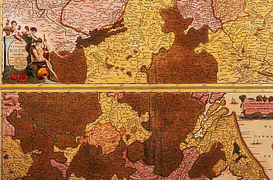 KONVOLUT VON 2 BLATT,MIT ALTKOLOR. KUPFER- STICHKARTEN MIT RHEINLAUFKARTEN, 1.) ALT- KOLOR. KUPFERSTICHK. V. VISSCHER, AMSTERDAM, CA. 1670, 2 ...