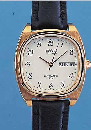 BWC HERRENARMBANDUHR AUTOMATIK, REF.-NR. 744-3133/25, SCHWEIZ UM 1978, METALL HARTVER- G., EDELST.-BODEN GESCHR., MINERALFLACHGL., TAG U. ...