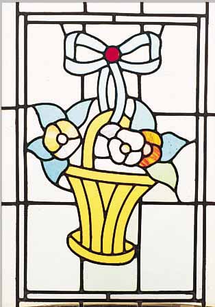 BLEIVERGLASUNG, WOHL DEUTSCH, 20ER JAHRE, BUNTE GLASEINSäTZE, BLUMENKORB, 59 X 42 CM, L. ALTERSSCHäDEN