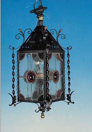 DECKENLAMPE, UM 1900, SCHMIEDEEISERN MIT BLEIGLASSCHEIBEN, EHEM GASLAMPE, H. 50 CM, B. 20 CM