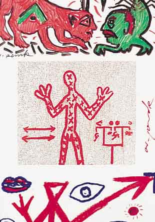 PENCK, A.R., KONVOLUT: DREI MULTIPLES, ALLE HANDSIGNIERT, JE CA. 10 X 15 CM, IN EINEM WECHSELRAHMEN, KATALOG MIT ZWEI CDS U. VIER ORIGINAL ...