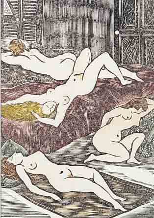 FOUJITA, TSOUGUHAROU, 1886 TOKIO-1966 ZüRICH, ZWEI HANDKOLORIERTE HOLZSCHNITTE VON 1925, AUS DER FOLGE: DES KöNIGS ABNTEUER, JE CA. ...