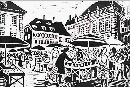 STRIEFFLER, MARIE, DER LANDAUER WOCHENMARKT,HOLZSCHNITT, HANDSIGNIERT, BETITELT UND GE- WIDMET: DER VEREIN DER H.V.ZüGELFREUNDE DANKT HERRN PROF. ...