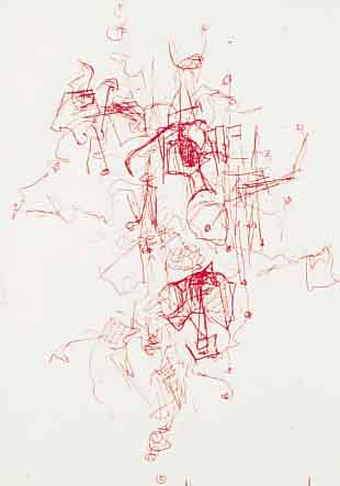 CAVAEL, ROLF, 1898-1979 , KOMPOSITION, ZEICHNUNG MIT ROTEM KUGELSCHREI- BER, MONOGR.,CA. 11 X 15 CM, PP, U.GL.
