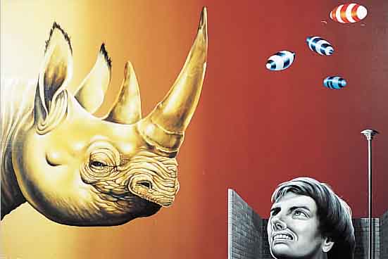 FLöSSER, GERD, 1936 GORXHEIMERTAL-2000 SURREALISTISCHE KOMPOSITION MIT RHINOZERUS, ÖL/LWD, LI. U. SIGN. UND DAT. 74, CA. 60 X 80 CM, R.