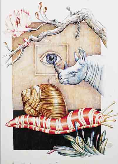 FLöSSER, GERD, 1936 GORXHEIMERTAL-2000, DIE NASHORNSCHNECKE, MEHRFARBIGE KUGEL- SCHREIBERZEICHNUNG, HANDSIGNIERT UND DAT. 79, BETITELT, ...