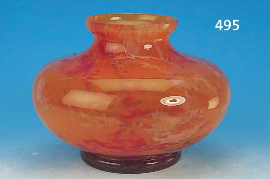 GROßE VASE, FRANKREICH, 40ER JAHRE, WOHL DAUM, FARBLOSES SCHICHTGLAS, H. 21 CM, ROT, ORANGE UND WEIß EINGEPUDERT