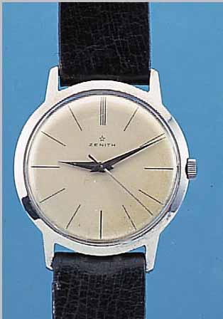 ZENITH HERRENARMBANDUHR, REF.-NR. 945192, SCHWEIZ UM 1958, EDELST., BODEN GESCHR., VER- S. BLATT, FL., RUNDANKERW., MATT VERG., 16 ST., INDIR. ...