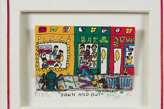 RIZZI, JAMES, DOWN AND OUT, DREIDIMENSIONALEFARBLITHOGRAPHIE VON 1990, HANDSIGN. UND NUM. 320/350, CA. 5 X 7.5 CM, PP, U.GL., R.