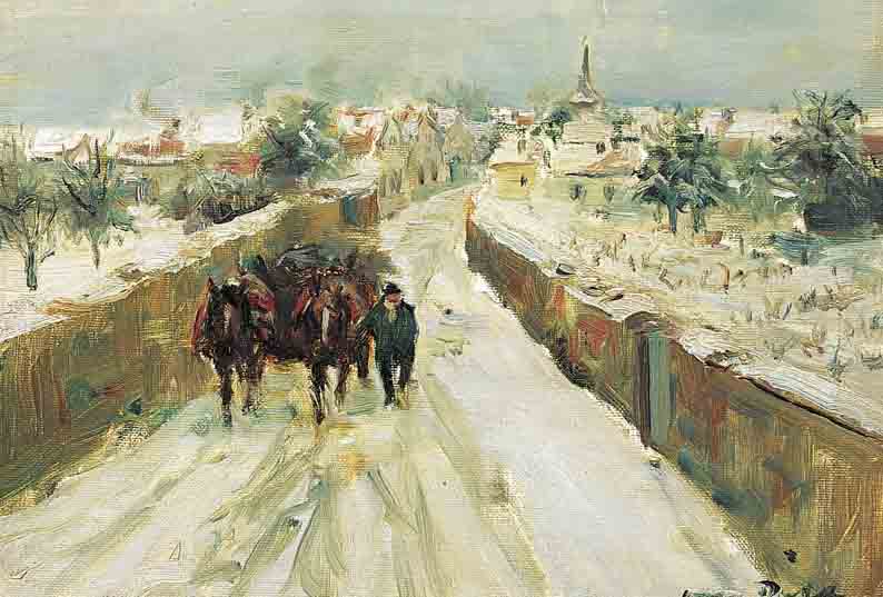 DILL, OTTO, 1884 NEUSTADT-1957 BAD DüRKHEIM, BAUER MIT PFERDEGESPANN AUF DEM WEG AUS EINEM WINTERLICHEN PFäLZER DORF, ÖL/MALKARTON, RE. U. SIGN., ...
